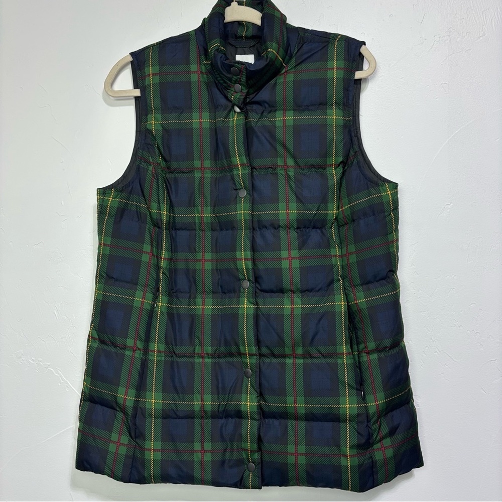 J.JIll Down Puffer Vest Plaid Women's Medium Tall Green Blue Red Snap Front